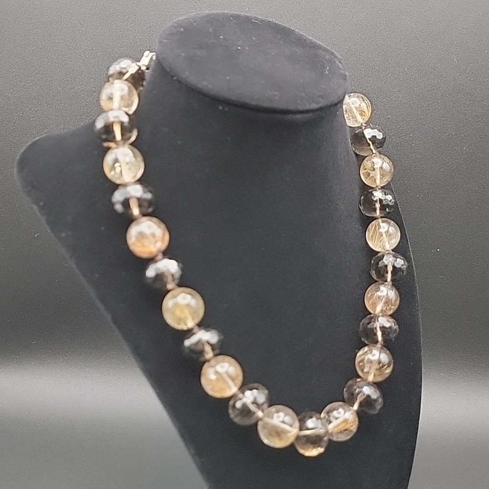 Round Golden Gold Rutile Faceted Smokey Rainbow Quartz Beaded 16" Necklace 16MM